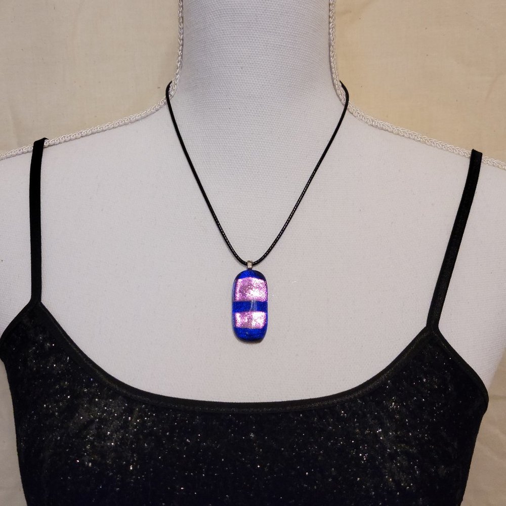 Fused Dichroic Glass Pendant on Black Leather Cord Blue & Pink